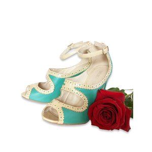 Chelsea Crew Vintage Style Teal & Beige Escada Pump Strappy Stylish Peep Toe 38